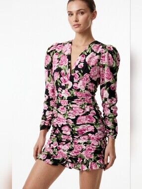 Milk & Honey Floral Ruched V-Neck Dress - Pink Roses on Black -NWT -S